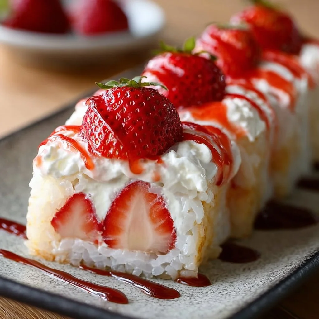 Easy Strawberry Shortcake Sushi dessert rolls with fresh strawberries and whipped cream.