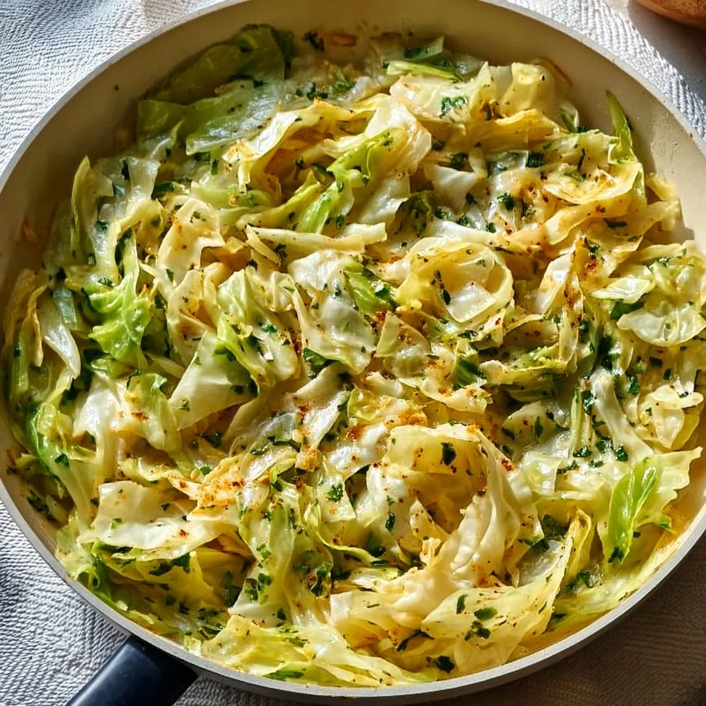 Garlic Alfredo pasta topped with tender cabbage in a creamy sauce