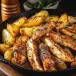 Garlic Butter Chicken and Potatoes Skillet served on a rustic table