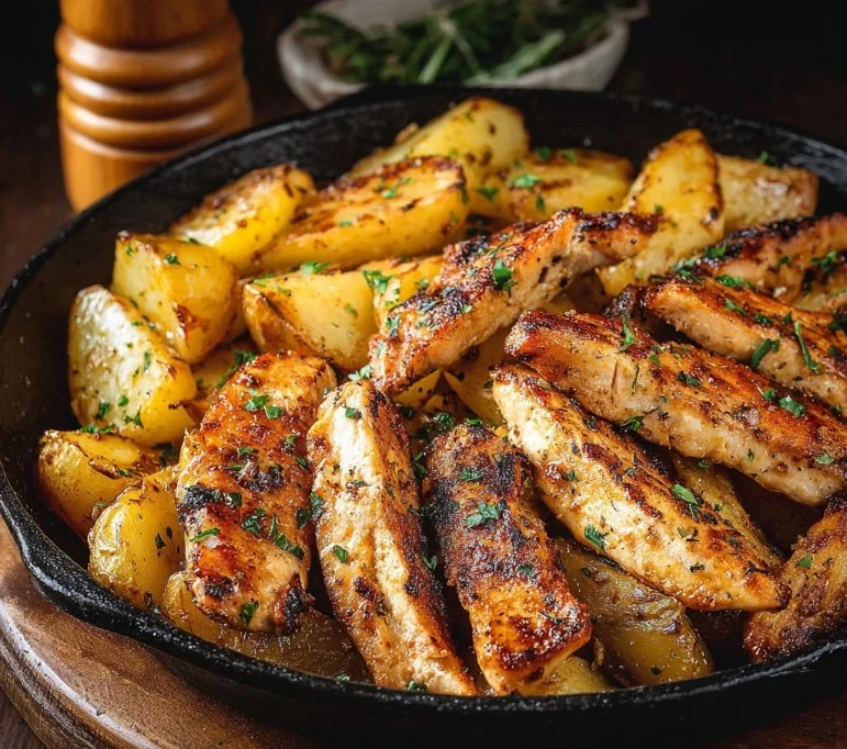Garlic Butter Chicken and Potatoes Skillet served on a rustic table