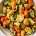 Garlic herb roasted potatoes, carrots, and zucchini on a platter.