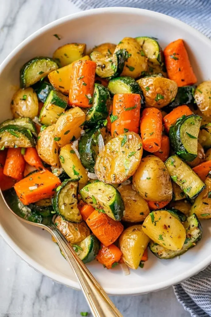 Garlic herb roasted potatoes, carrots, and zucchini on a platter.