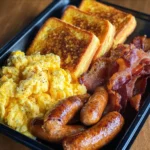 Golden French toast topped with fluffy eggs and served with crispy bacon