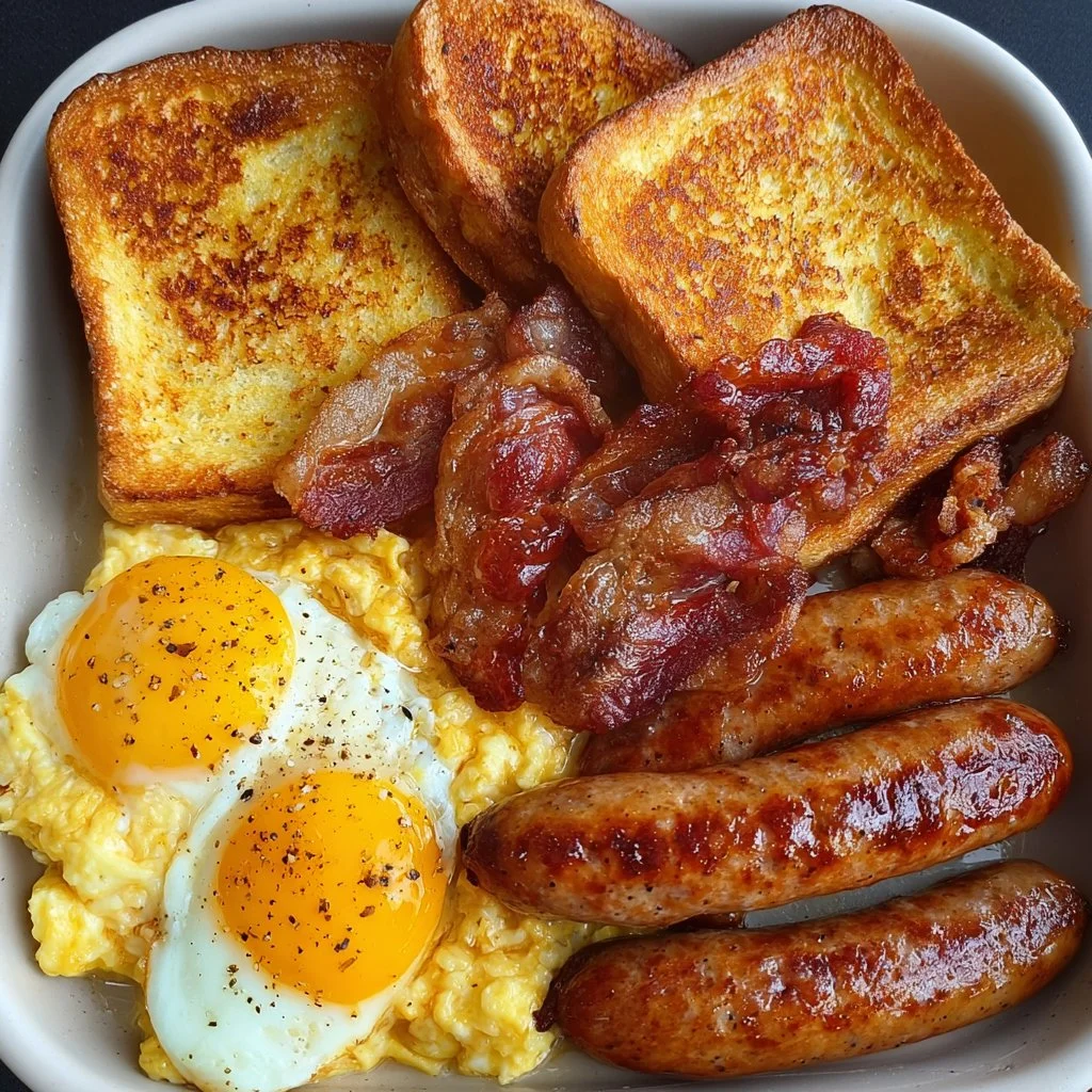 Golden French toast, fluffy eggs, crispy bacon, juicy sausages - breakfast bliss.