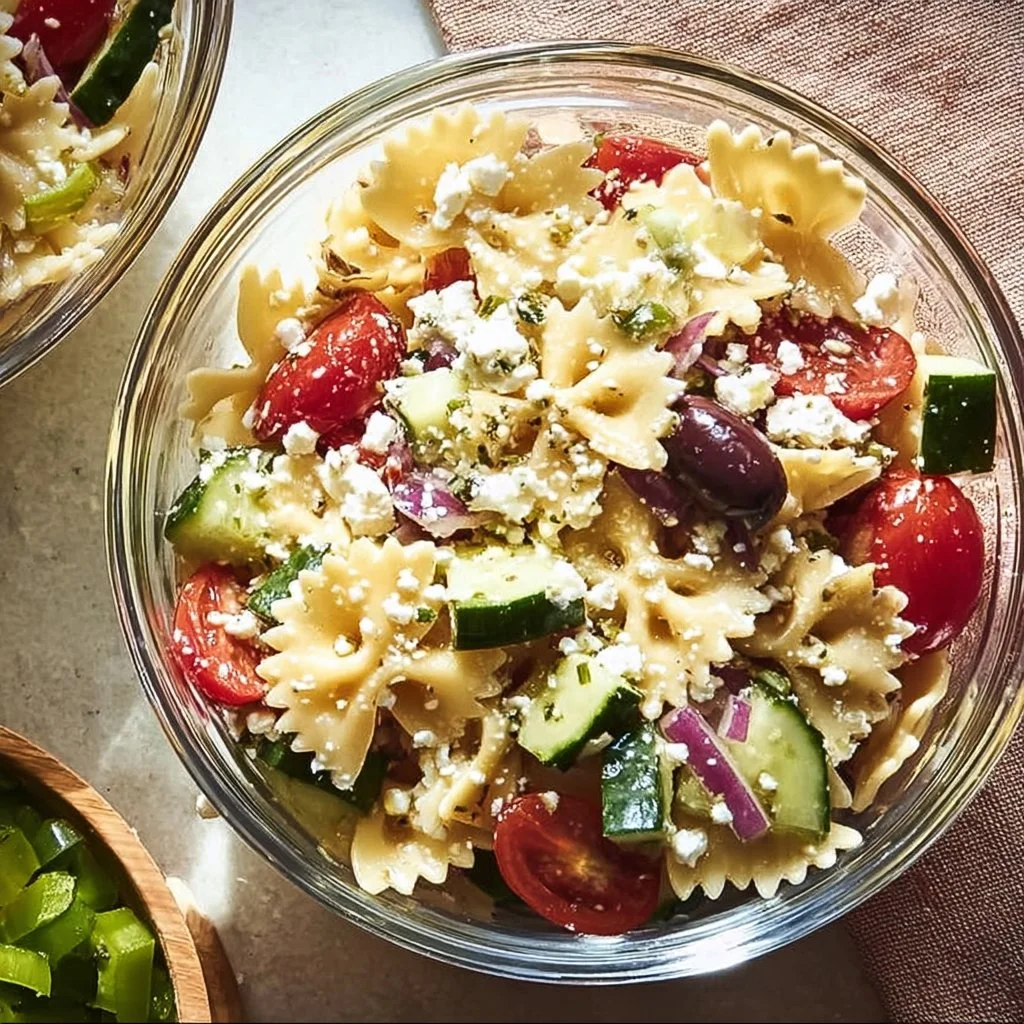 Bowl of colorful Greek Pasta Salad with olives, feta, and fresh vegetables