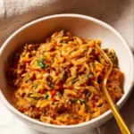 Delicious ground beef orzo dish served in a bowl with fresh herbs.