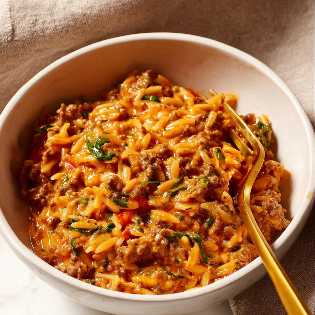 Delicious ground beef orzo dish served in a bowl with fresh herbs.