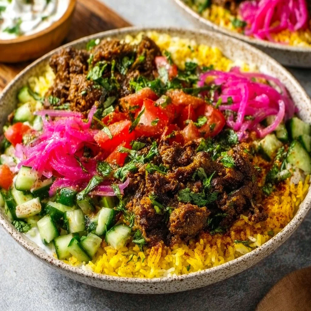 Ground beef shawarma bowls topped with fresh vegetables and drizzled with sauce