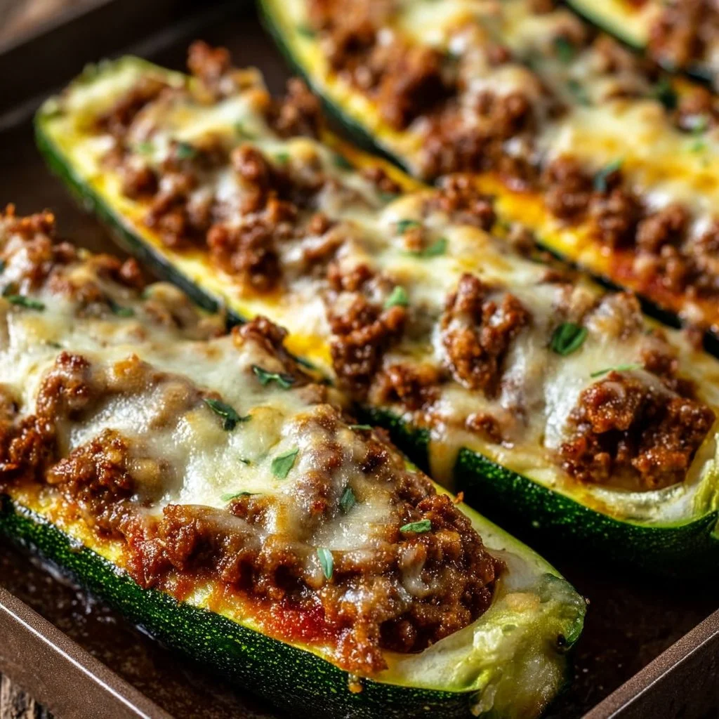 Ground beef zucchini boats filled with savory ingredients and herbs