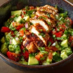 Bowl of healthy avocado chicken salad with fresh ingredients and vibrant colors