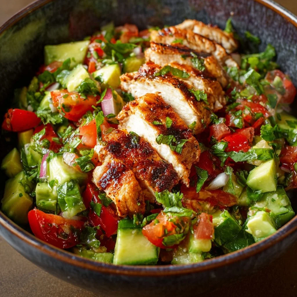 Bowl of healthy avocado chicken salad with fresh ingredients and vibrant colors