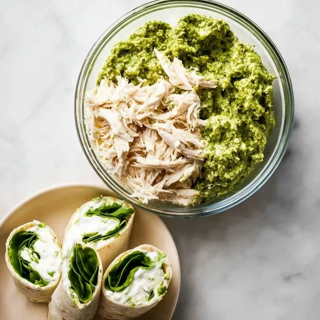 Healthy no mayo high protein pesto chicken salad with fresh ingredients