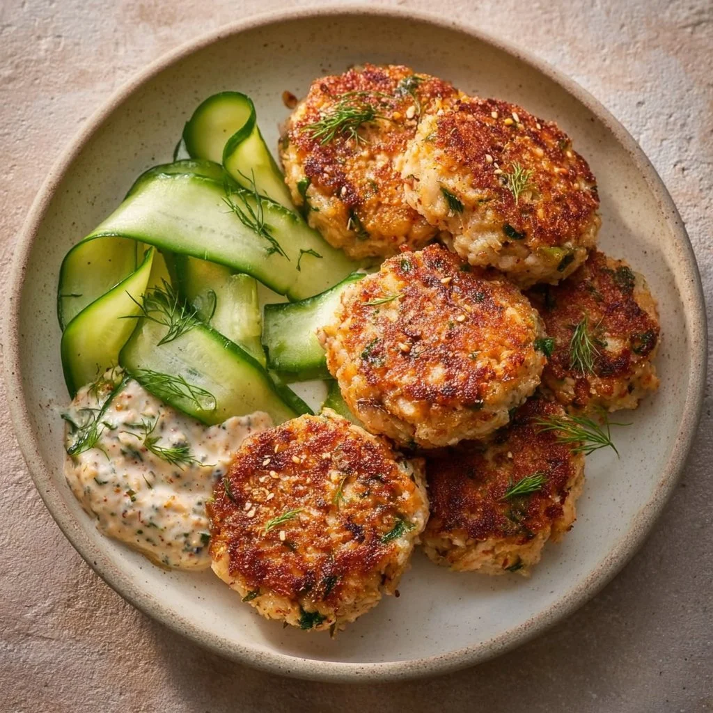 Herbed turkey burgers served with cucumber salad and tzatziki sauce.