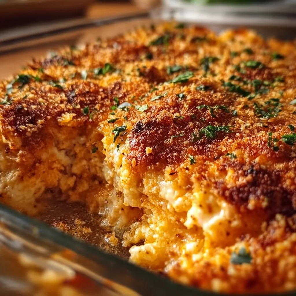 High Protein Chicken Parmesan Casserole with melted cheese and marinara sauce