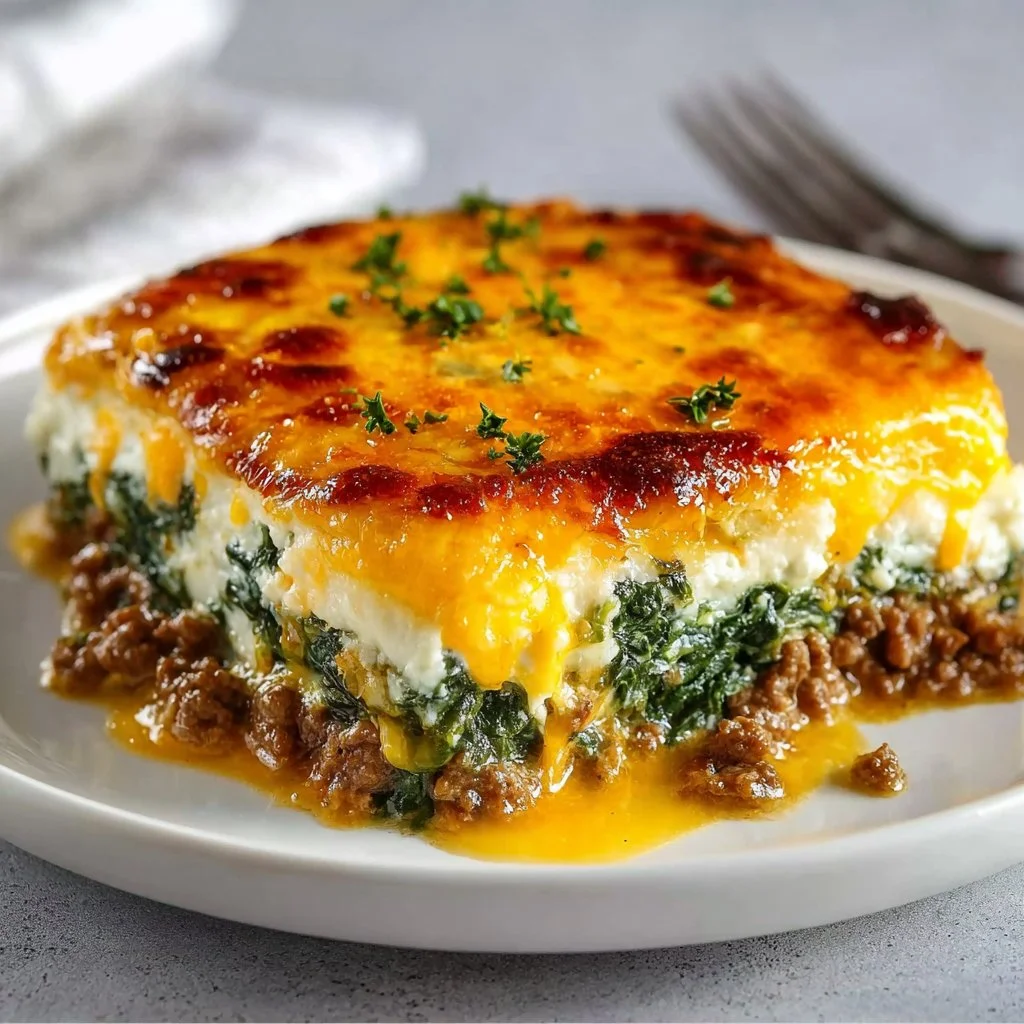High protein ground turkey casserole dish served with vegetables.