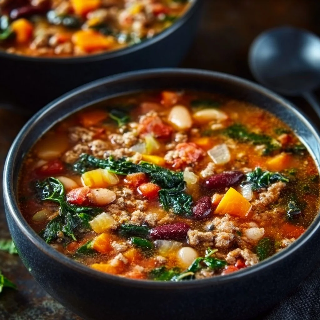 Bowl of high-protein weight loss soup with fresh vegetables and herbs