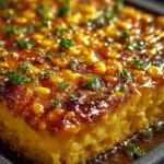 Honey-glazed corn casserole topped with a golden crust, perfect for family dinners.