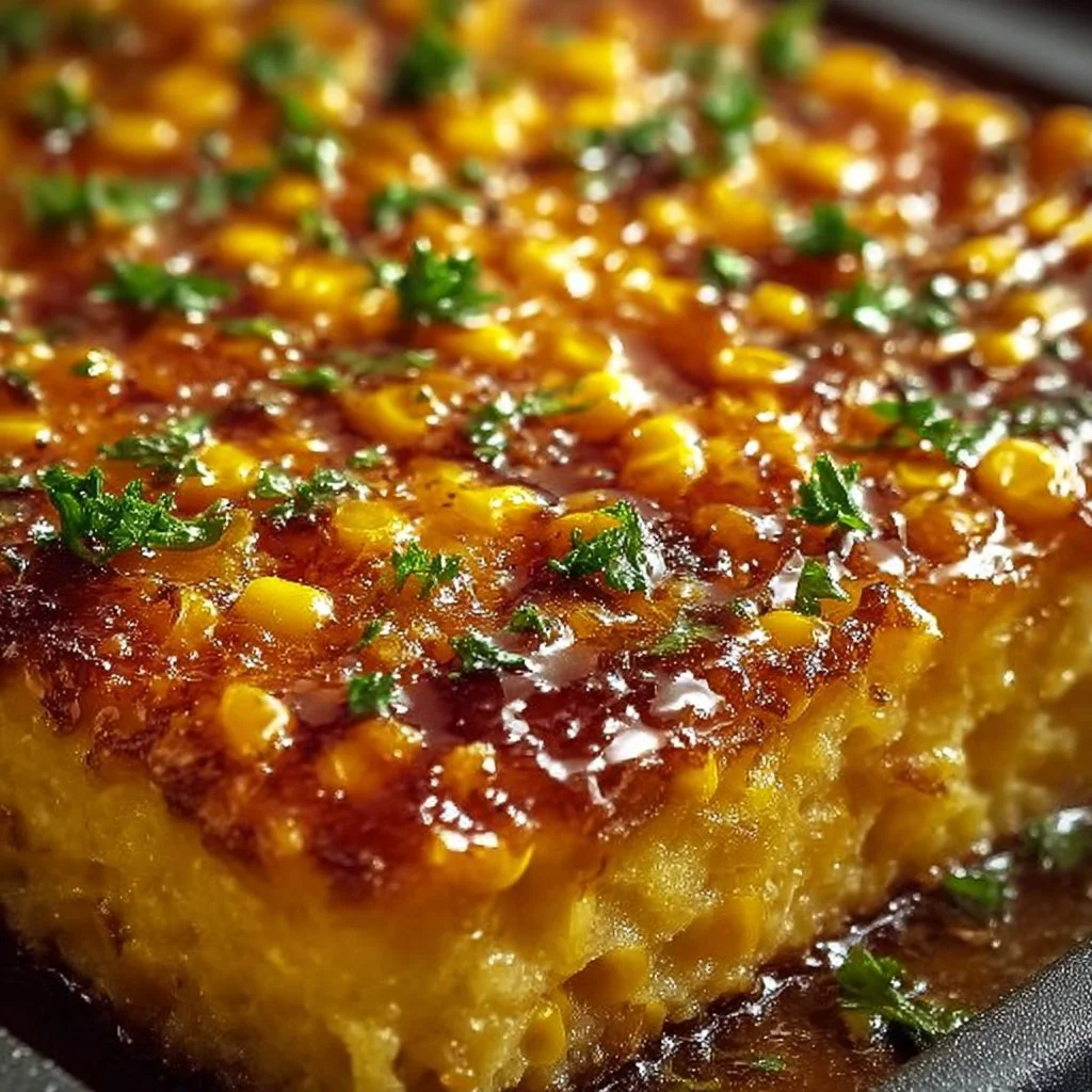 Honey-glazed corn casserole topped with a golden crust, perfect for family dinners.