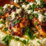 Delicious hot honey feta chicken served on a plate with herbs.