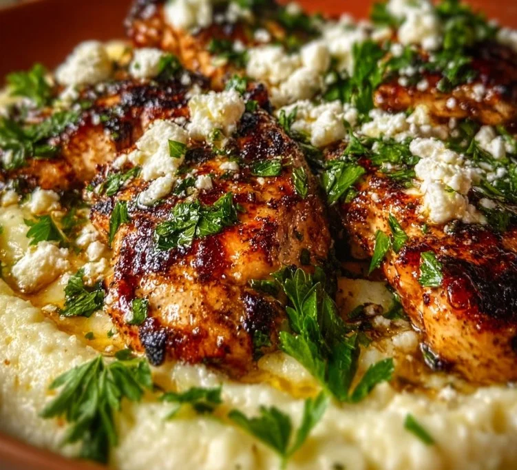 Delicious hot honey feta chicken served on a plate with herbs.