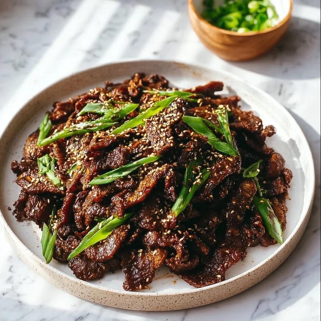 Serving of marinated bulgogi beef on a plate with vegetables