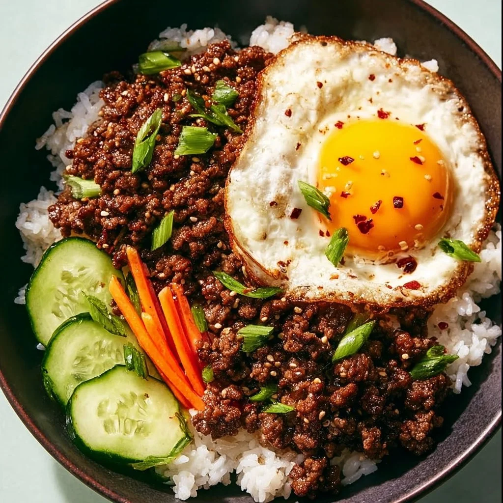 Korean ground beef rice bowl topped with green onions and sesame seeds