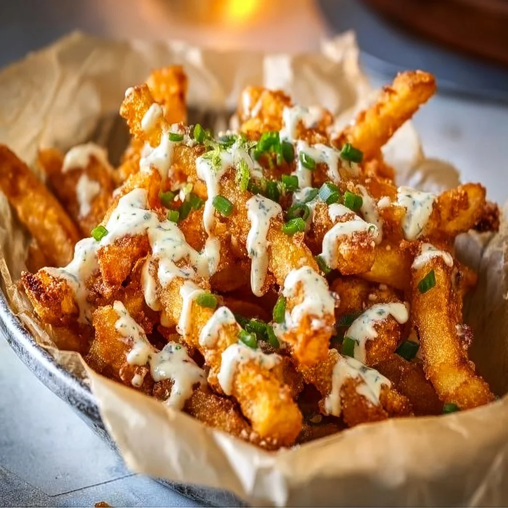 Loaded garlic parmesan fries topped with cheese and herbs