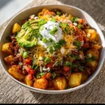 Delicious Loaded Potato Taco Bowl topped with fresh ingredients and spices