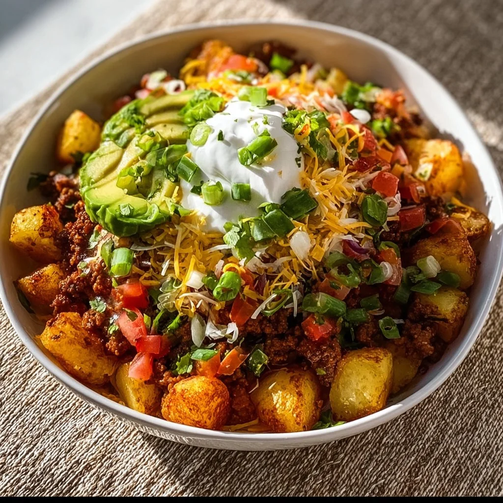 Delicious Loaded Potato Taco Bowl topped with fresh ingredients and spices