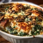 Low-carb chicken spinach mushroom bake dish ready to serve.