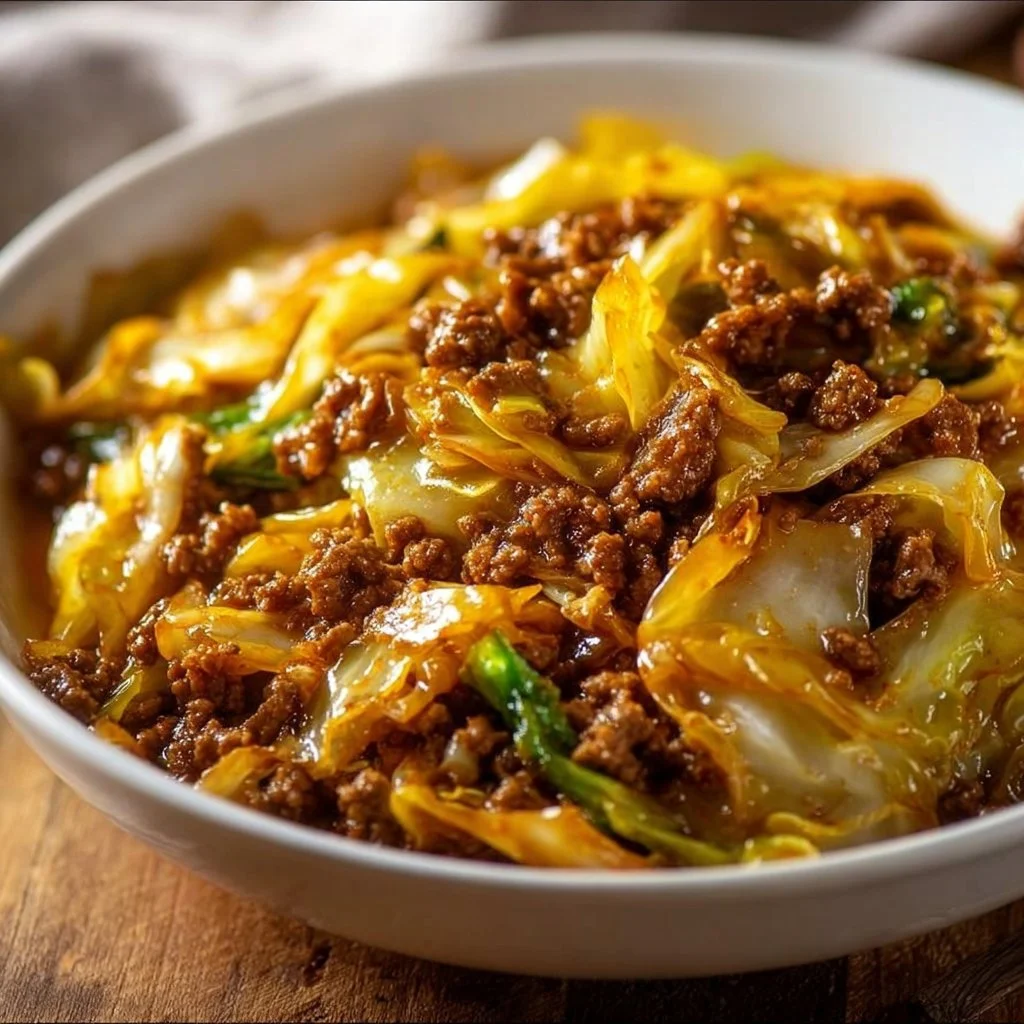 Low carb Mongolian ground beef served with cabbage for a healthy meal.