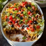 A colorful low carb taco casserole baked in a dish, topped with cheese and fresh toppings.