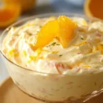 A vibrant Mandarin Orange Jello Salad with fresh oranges and whipped cream.
