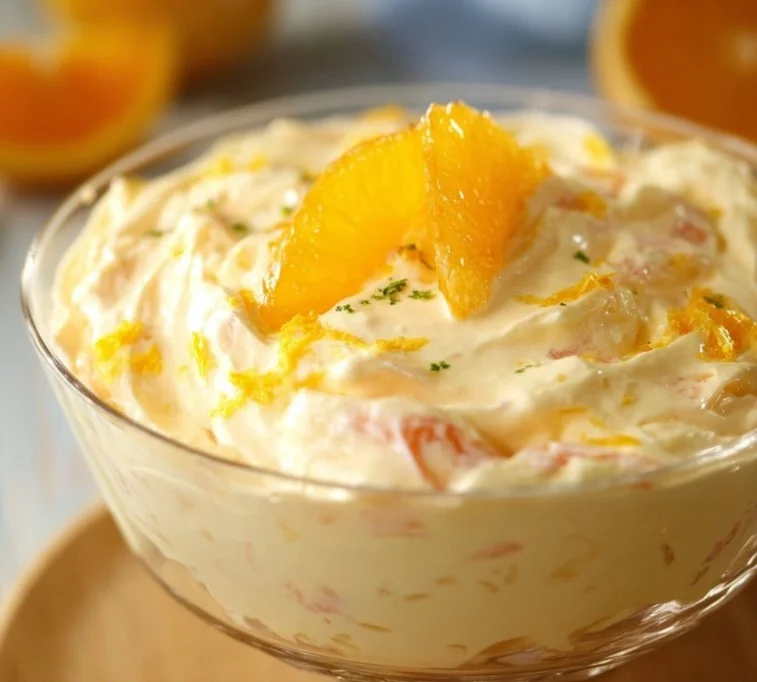 A vibrant Mandarin Orange Jello Salad with fresh oranges and whipped cream.