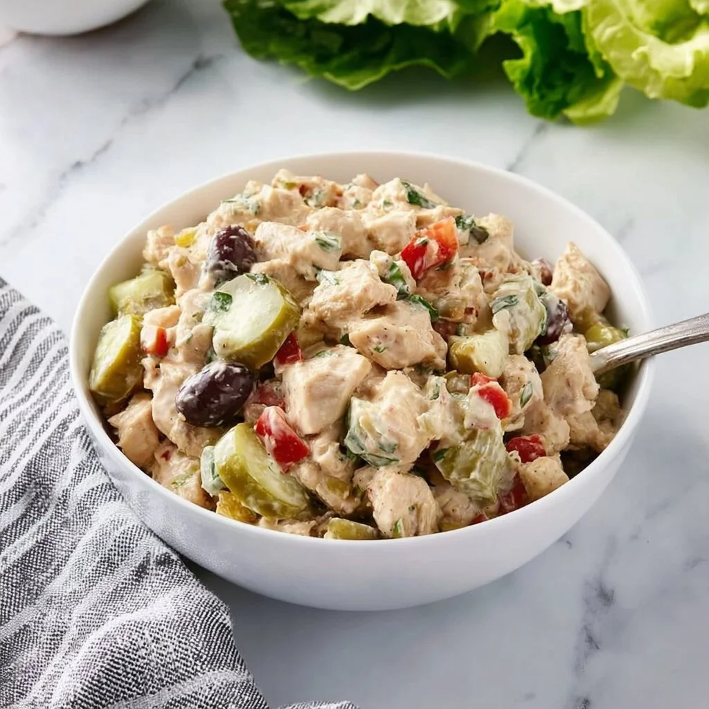 Mediterranean inspired chicken salad with fresh veggies and herbs