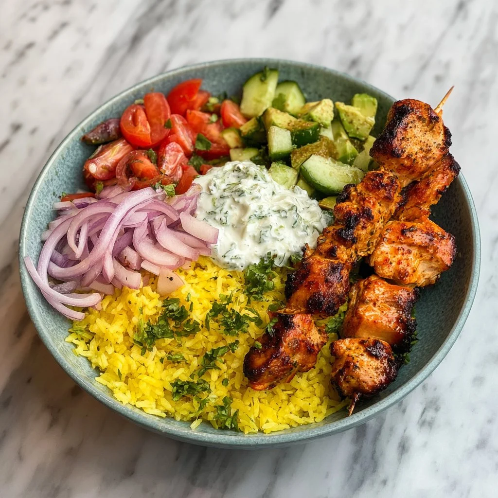 Mediterranean bowl with grilled chicken skewers and vibrant vegetables