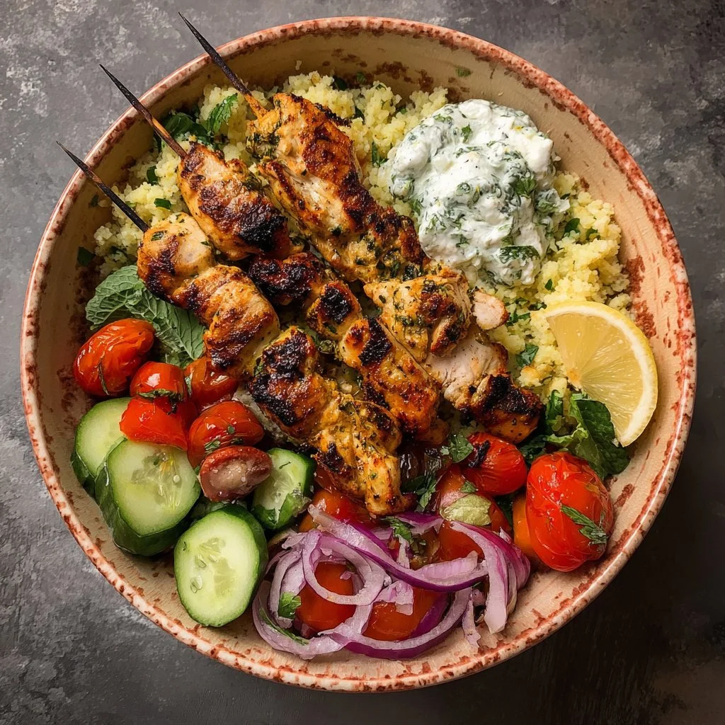 Mediterranean-Style Bowl with Grilled Chicken Skewers
