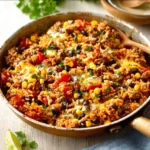 Delicious Mexican beef and rice skillet cooked with fresh ingredients.
