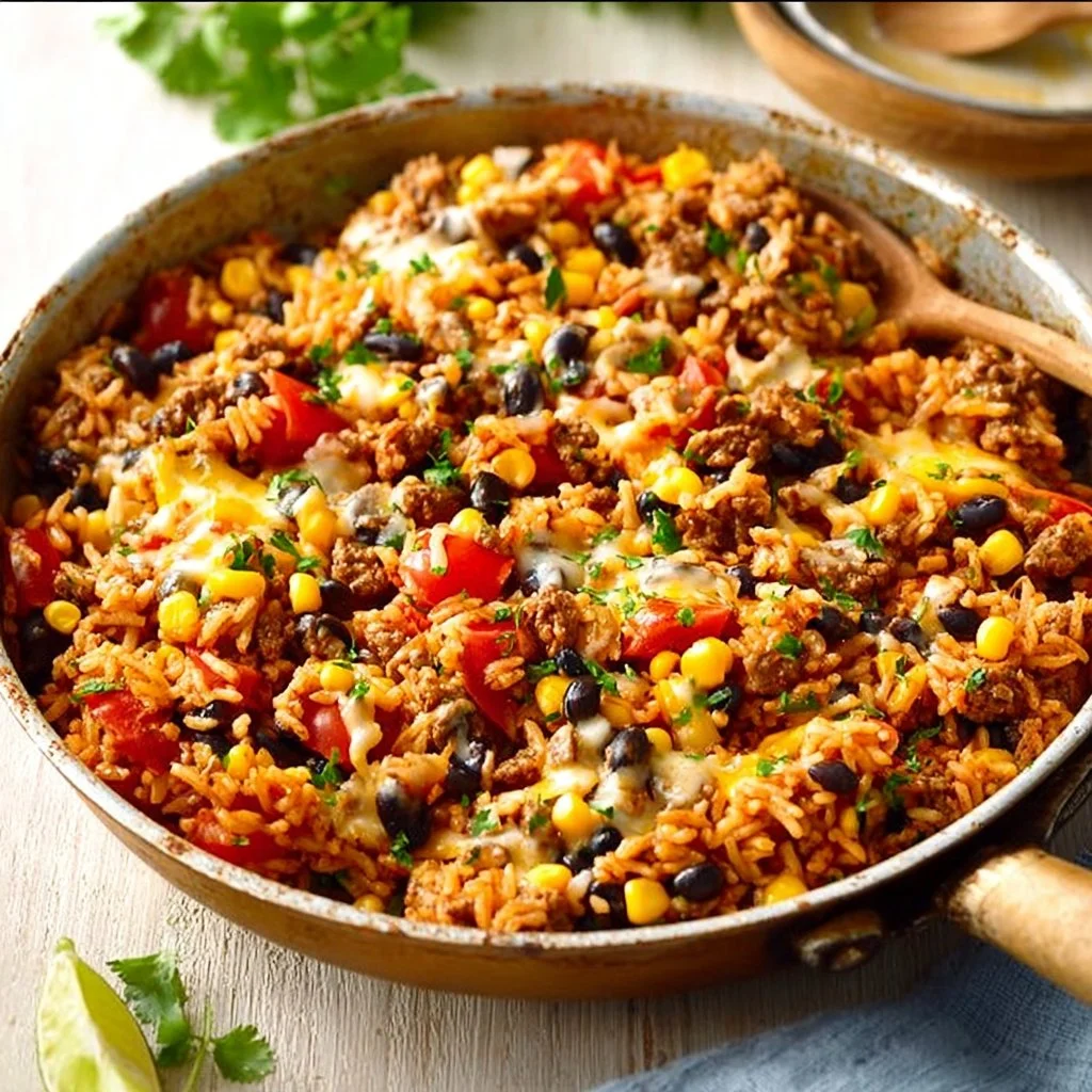 Delicious Mexican beef and rice skillet cooked with fresh ingredients.