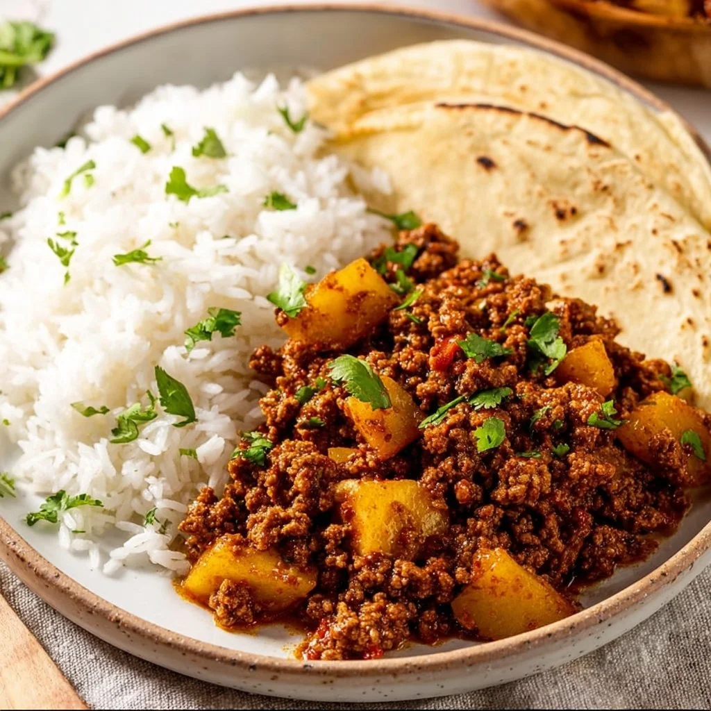Delicious Mexican Picadillo served with rice and garnished with cilantro