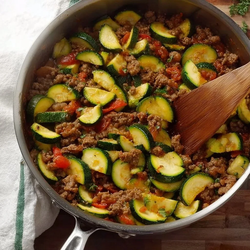 Delicious Mexican zucchini and ground beef skillet meal in a colorful pan