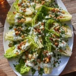 Delicious wedge salad topped with crispy bacon and blue cheese dressing