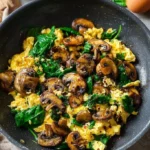 Mushroom Spinach Scrambled Eggs served on a plate with herbs.