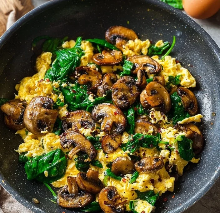 Mushroom Spinach Scrambled Eggs served on a plate with herbs.