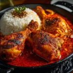 Bowl of Nigerian chicken stew ready to serve, filled with spices and vegetables.