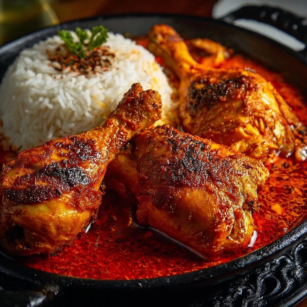 Bowl of Nigerian chicken stew ready to serve, filled with spices and vegetables.