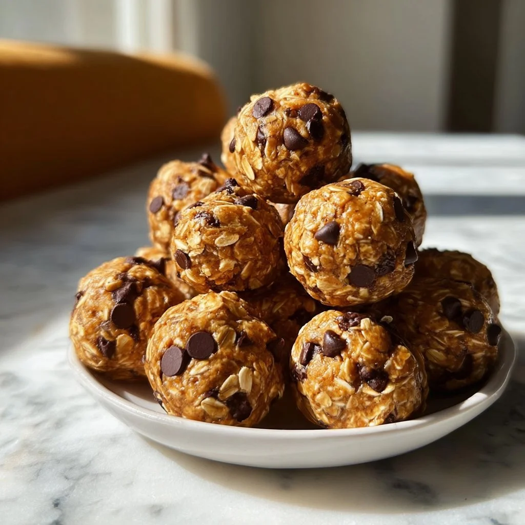 No-bake peanut butter energy bites recipe with oats and chocolate chips.