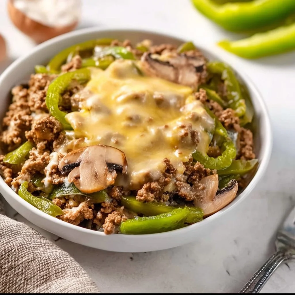 Delicious Philly Cheesesteak Bowl with beef, peppers, and cheese