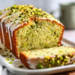 Slices of Pistachio Lemon Breakfast Bread on a plate garnished with lemon zest