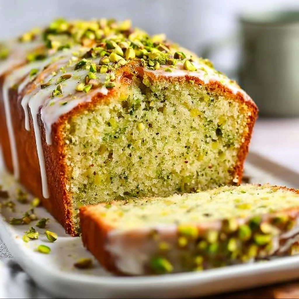 Slices of Pistachio Lemon Breakfast Bread on a plate garnished with lemon zest